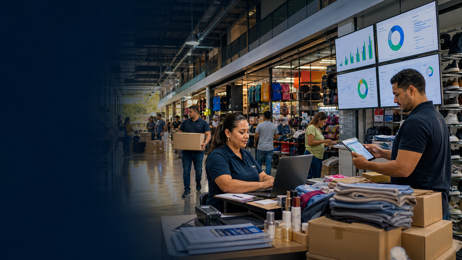 Galeria comercial organizada com lojistas e paineis digitais de compras coletivas